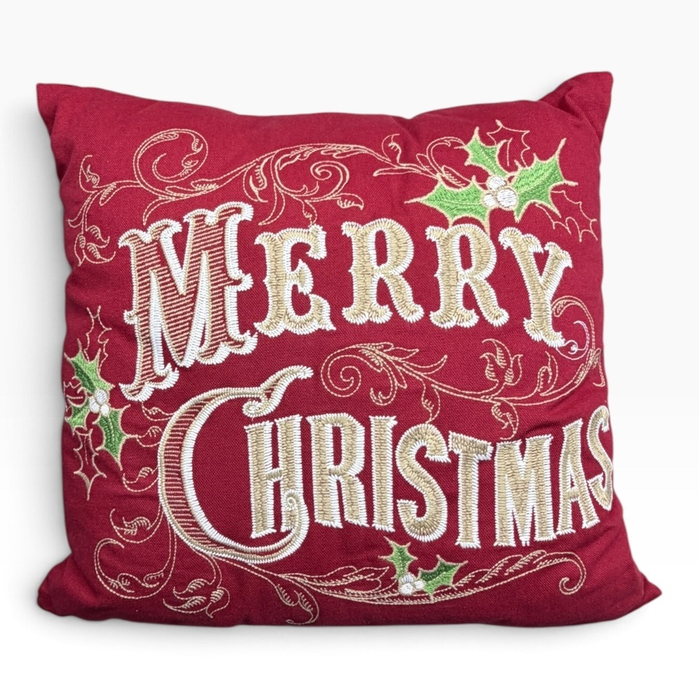 Pier 1 Imports Merry Christmas Embroidered Red Throw Pillow Holiday Decor